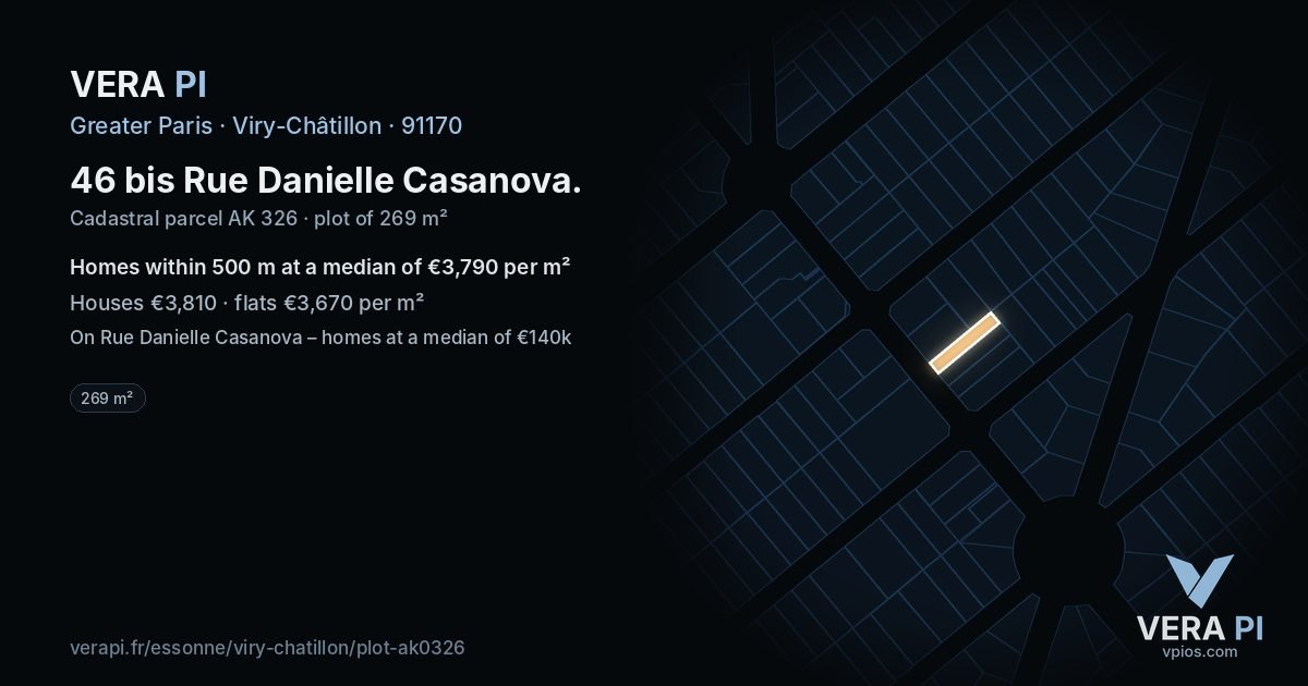 46 bis Rue Danielle Casanova, Viry-Châtillon at night – the plot lit, the parcels around coloured by the prices near them