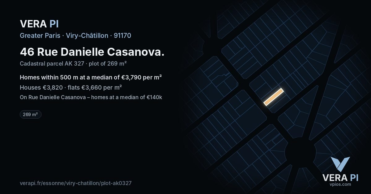 46 Rue Danielle Casanova, Viry-Châtillon at night – the plot lit, the parcels around coloured by the prices near them