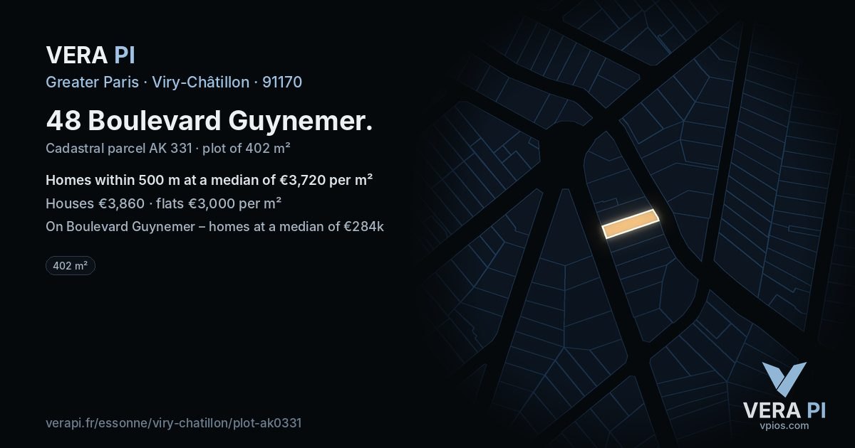 48 Boulevard Guynemer, Viry-Châtillon at night – the plot lit, the parcels around coloured by the prices near them