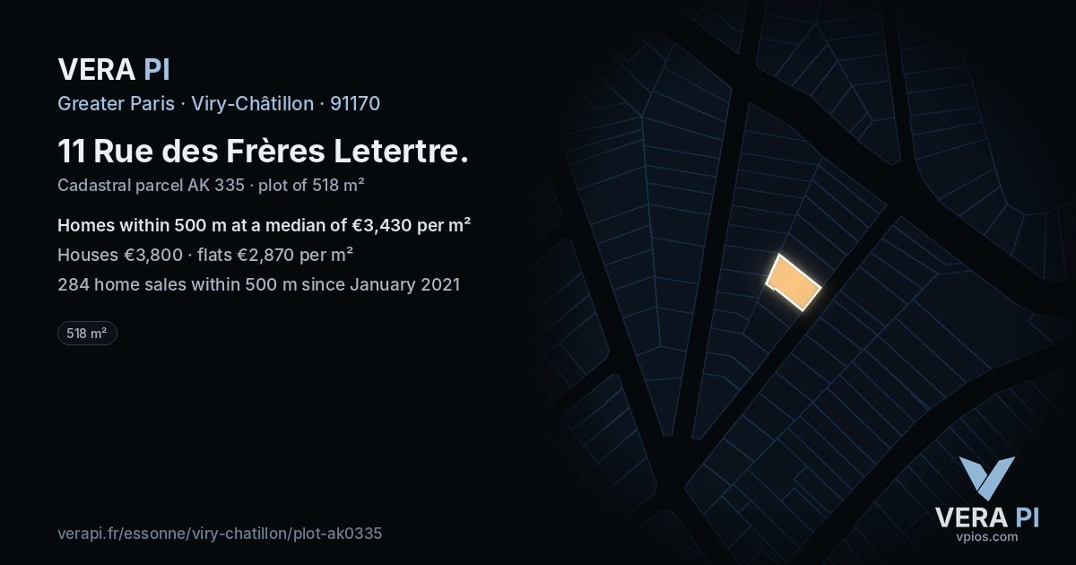 11 Rue des Frères Letertre, Viry-Châtillon at night – the plot lit, the parcels around coloured by the prices near them