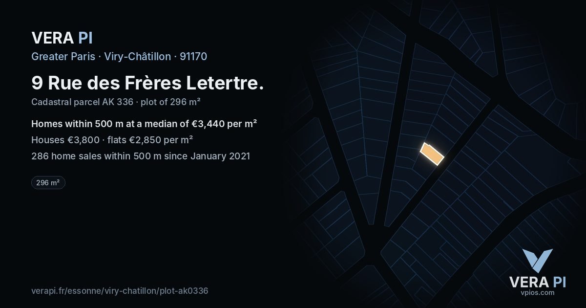 9 Rue des Frères Letertre, Viry-Châtillon at night – the plot lit, the parcels around coloured by the prices near them