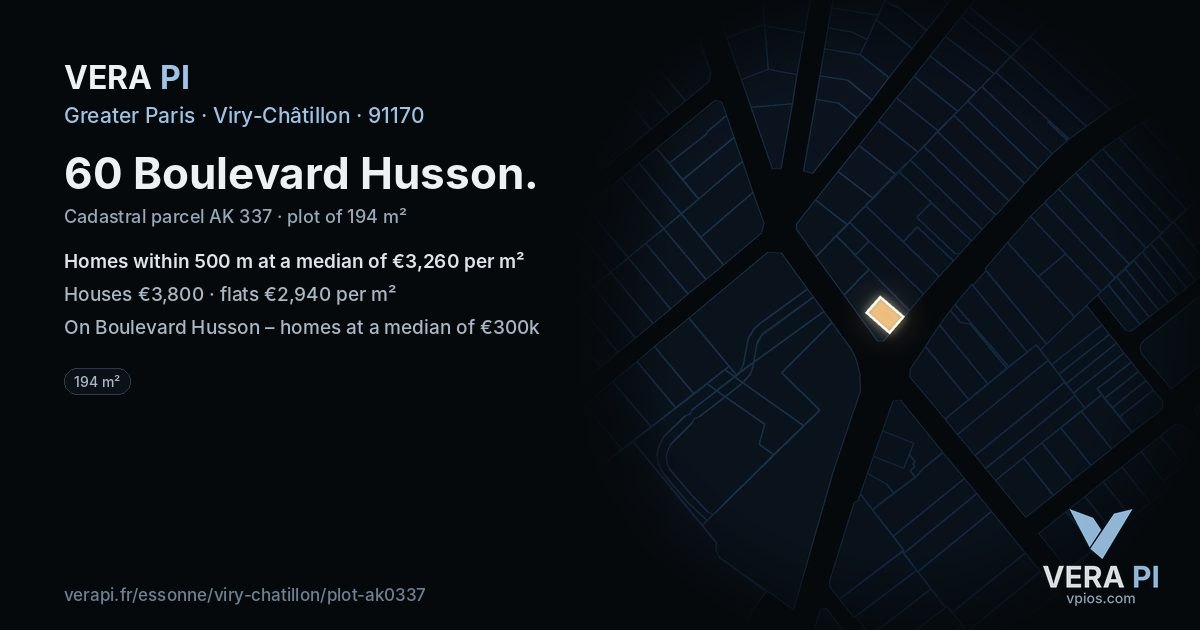 60 Boulevard Husson, Viry-Châtillon at night – the plot lit, the parcels around coloured by the prices near them