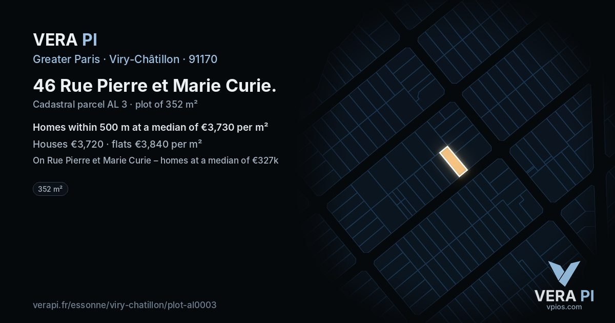 46 Rue Pierre et Marie Curie, Viry-Châtillon at night – the plot lit, the parcels around coloured by the prices near them