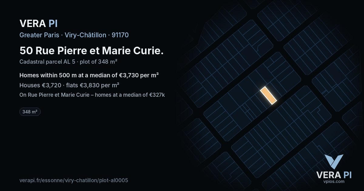 50 Rue Pierre et Marie Curie, Viry-Châtillon at night – the plot lit, the parcels around coloured by the prices near them