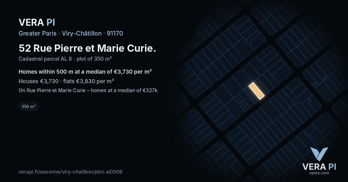 52 Rue Pierre et Marie Curie, Viry-Châtillon at night – the plot lit, the parcels around coloured by the prices near them