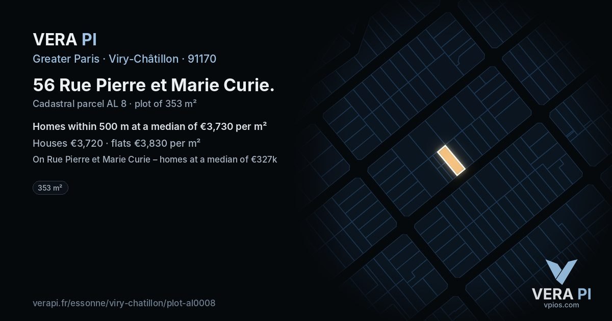 56 Rue Pierre et Marie Curie, Viry-Châtillon at night – the plot lit, the parcels around coloured by the prices near them