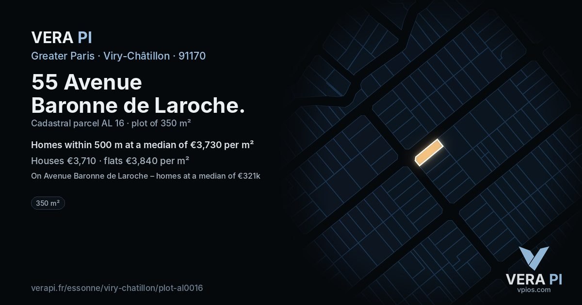 55 Avenue Baronne de Laroche, Viry-Châtillon at night – the plot lit, the parcels around coloured by the prices near them