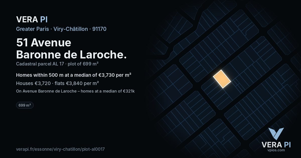 51 Avenue Baronne de Laroche, Viry-Châtillon at night – the plot lit, the parcels around coloured by the prices near them