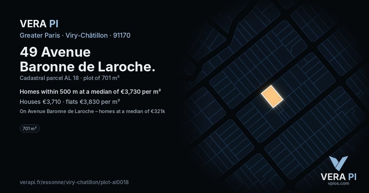 49 Avenue Baronne de Laroche, Viry-Châtillon at night – the plot lit, the parcels around coloured by the prices near them
