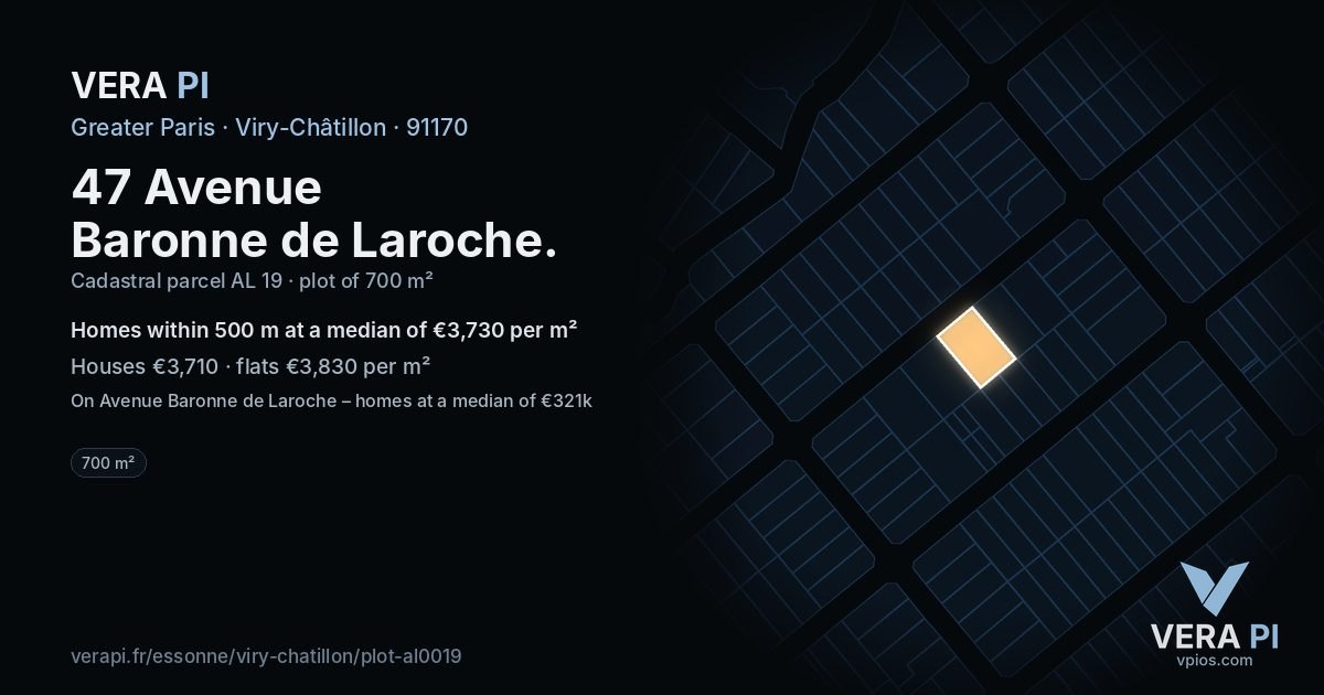 47 Avenue Baronne de Laroche, Viry-Châtillon at night – the plot lit, the parcels around coloured by the prices near them