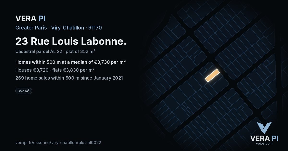 23 Rue Louis Labonne, Viry-Châtillon at night – the plot lit, the parcels around coloured by the prices near them