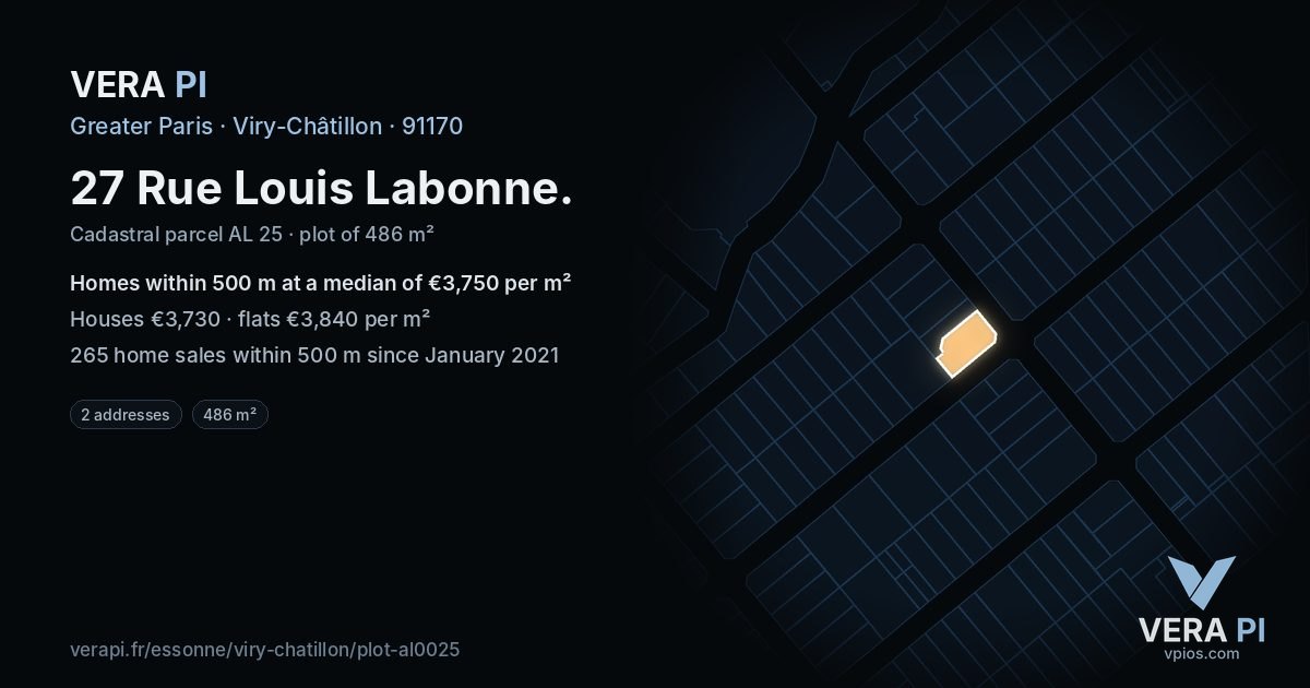 27 Rue Louis Labonne, Viry-Châtillon at night – the plot lit, the parcels around coloured by the prices near them
