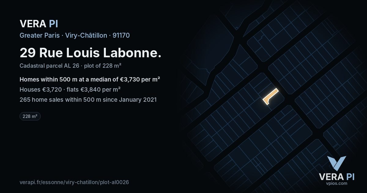 29 Rue Louis Labonne, Viry-Châtillon at night – the plot lit, the parcels around coloured by the prices near them