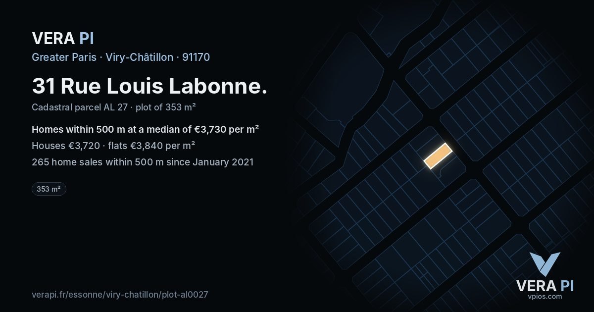 31 Rue Louis Labonne, Viry-Châtillon at night – the plot lit, the parcels around coloured by the prices near them