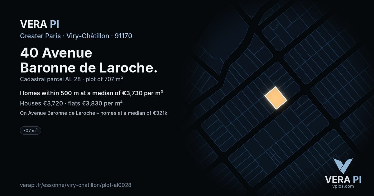 40 Avenue Baronne de Laroche, Viry-Châtillon at night – the plot lit, the parcels around coloured by the prices near them