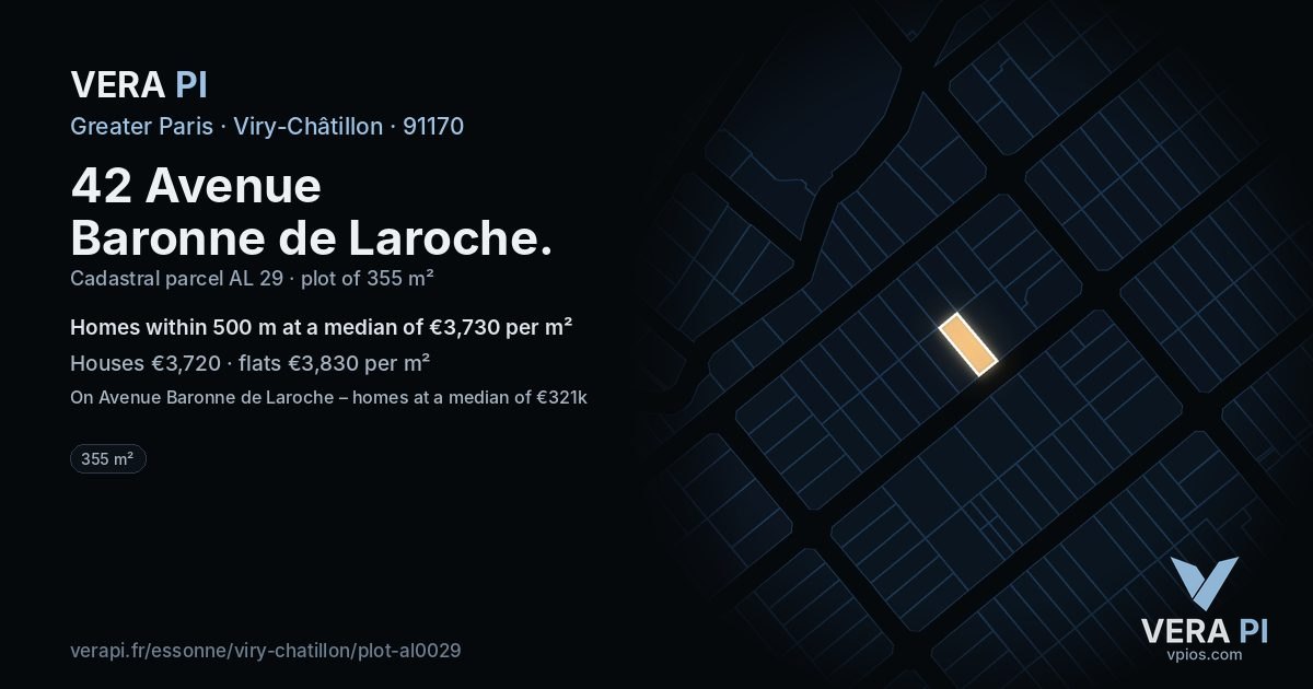 42 Avenue Baronne de Laroche, Viry-Châtillon at night – the plot lit, the parcels around coloured by the prices near them