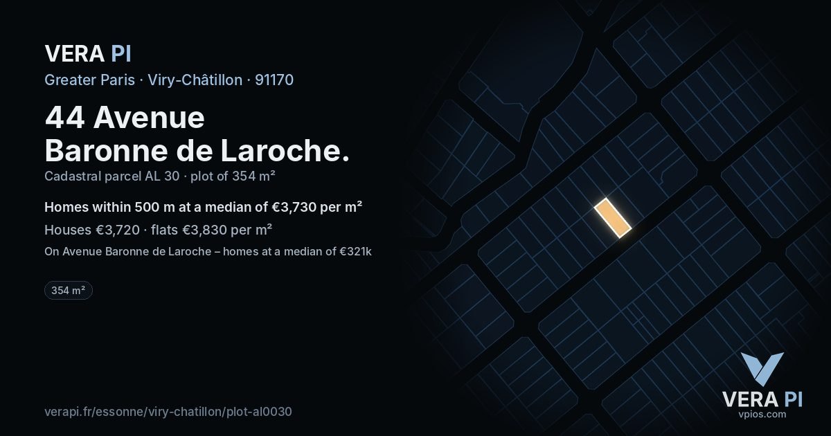 44 Avenue Baronne de Laroche, Viry-Châtillon at night – the plot lit, the parcels around coloured by the prices near them