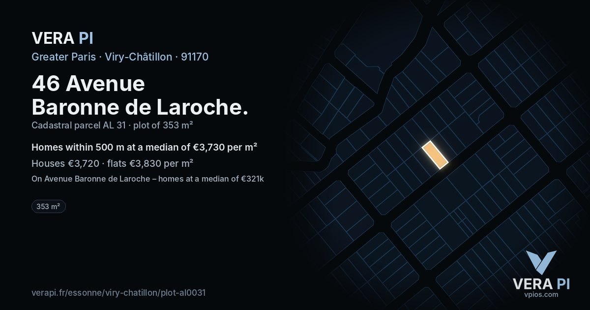 46 Avenue Baronne de Laroche, Viry-Châtillon at night – the plot lit, the parcels around coloured by the prices near them