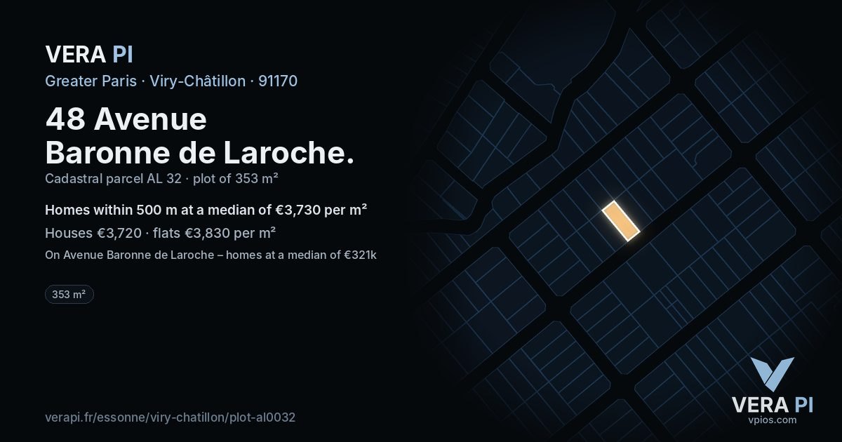 48 Avenue Baronne de Laroche, Viry-Châtillon at night – the plot lit, the parcels around coloured by the prices near them