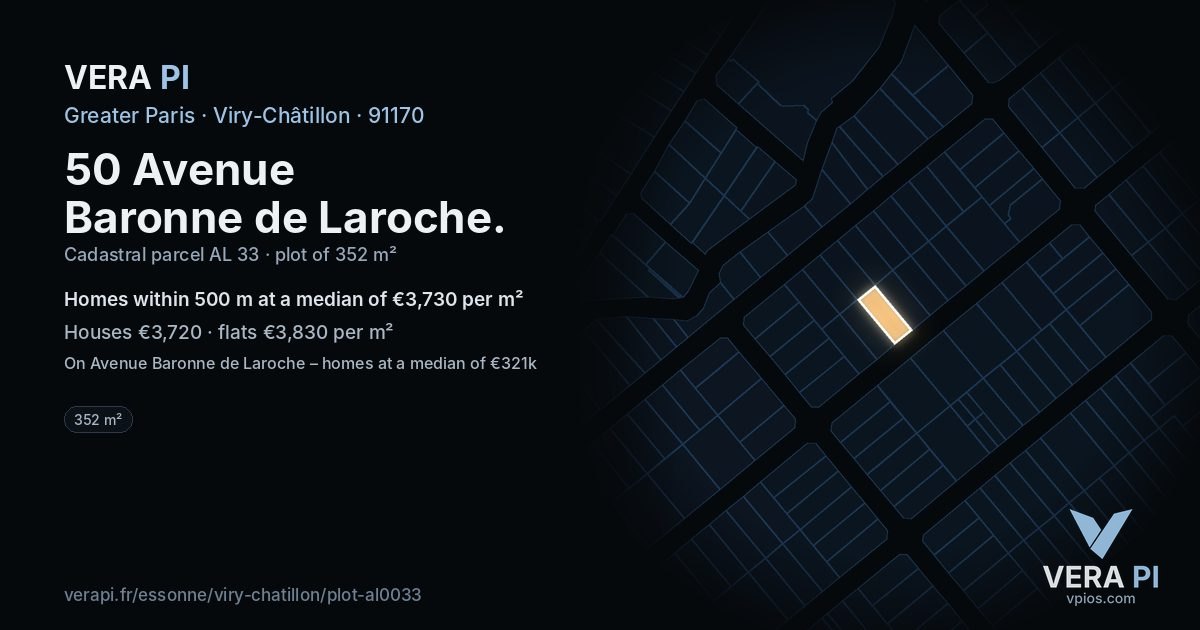 50 Avenue Baronne de Laroche, Viry-Châtillon at night – the plot lit, the parcels around coloured by the prices near them
