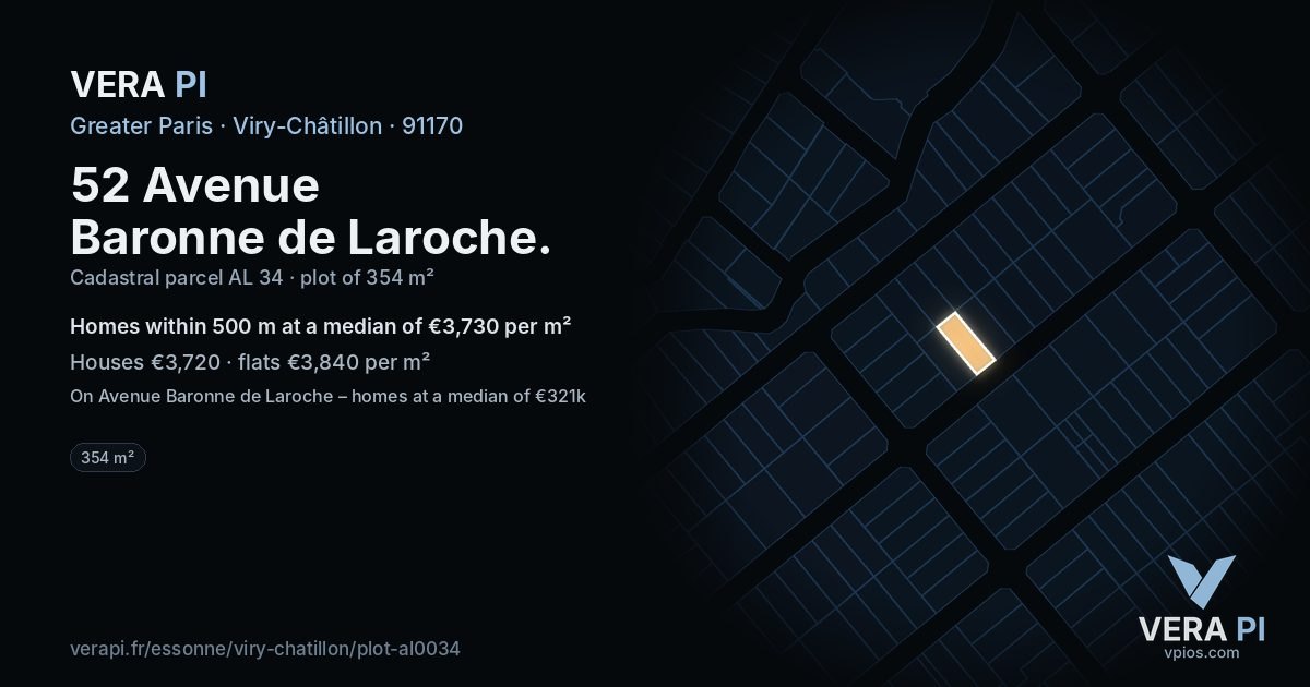 52 Avenue Baronne de Laroche, Viry-Châtillon at night – the plot lit, the parcels around coloured by the prices near them