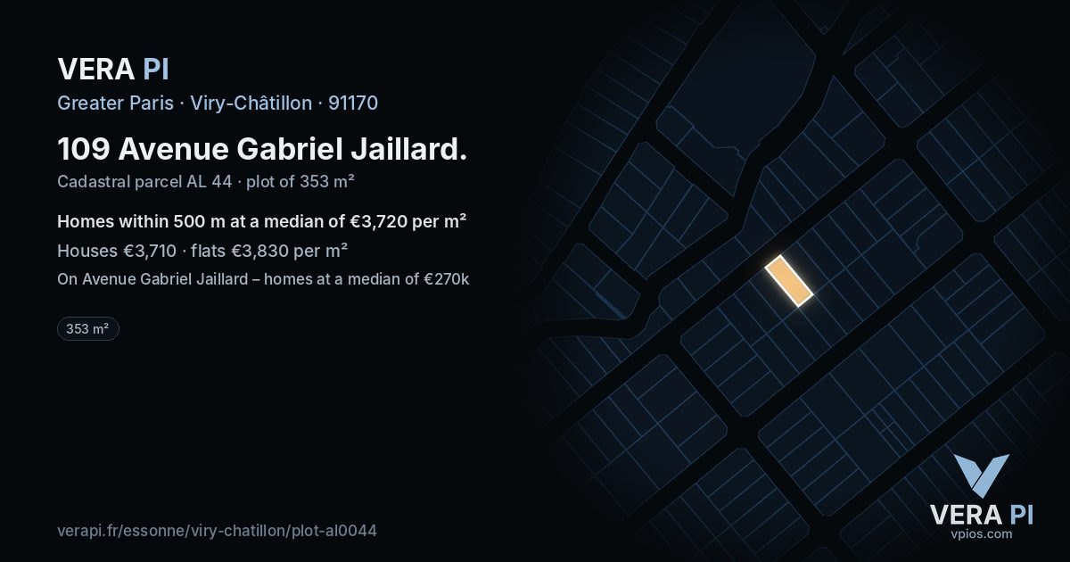 109 Avenue Gabriel Jaillard, Viry-Châtillon at night – the plot lit, the parcels around coloured by the prices near them