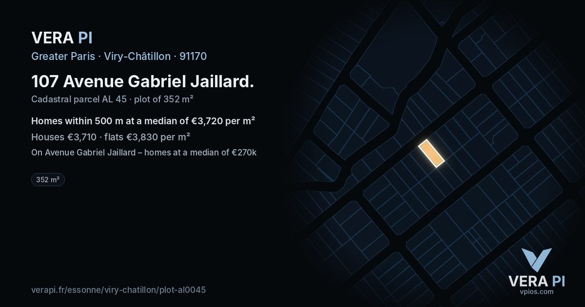107 Avenue Gabriel Jaillard, Viry-Châtillon at night – the plot lit, the parcels around coloured by the prices near them