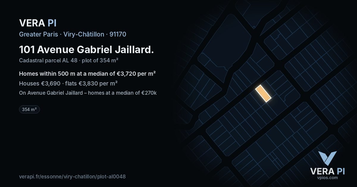 101 Avenue Gabriel Jaillard, Viry-Châtillon at night – the plot lit, the parcels around coloured by the prices near them