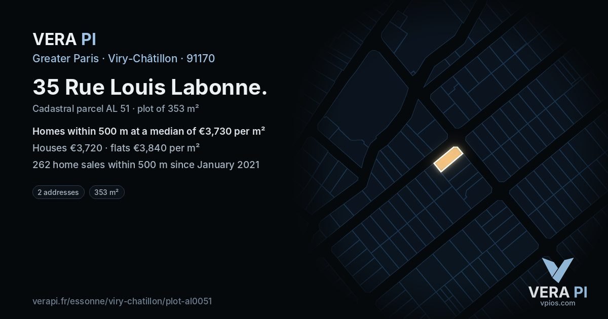 35 Rue Louis Labonne, Viry-Châtillon at night – the plot lit, the parcels around coloured by the prices near them