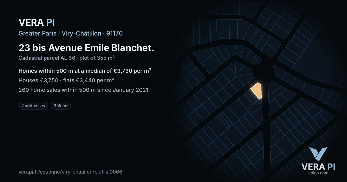 23 bis Avenue Emile Blanchet, Viry-Châtillon at night – the plot lit, the parcels around coloured by the prices near them