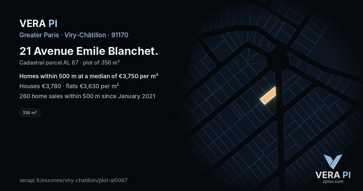 21 Avenue Emile Blanchet, Viry-Châtillon at night – the plot lit, the parcels around coloured by the prices near them