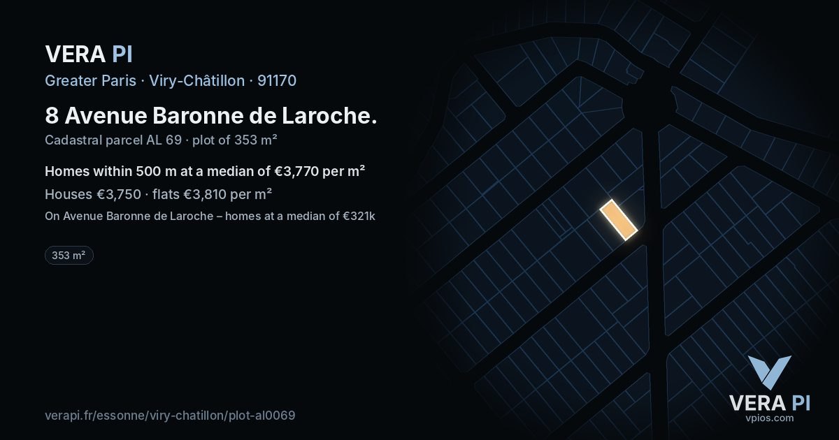 8 Avenue Baronne de Laroche, Viry-Châtillon at night – the plot lit, the parcels around coloured by the prices near them