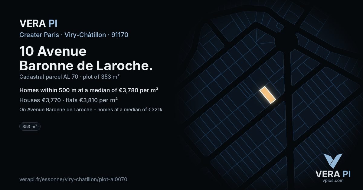 10 Avenue Baronne de Laroche, Viry-Châtillon at night – the plot lit, the parcels around coloured by the prices near them