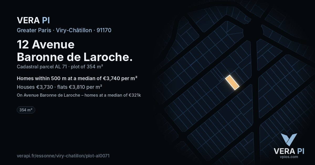 12 Avenue Baronne de Laroche, Viry-Châtillon at night – the plot lit, the parcels around coloured by the prices near them