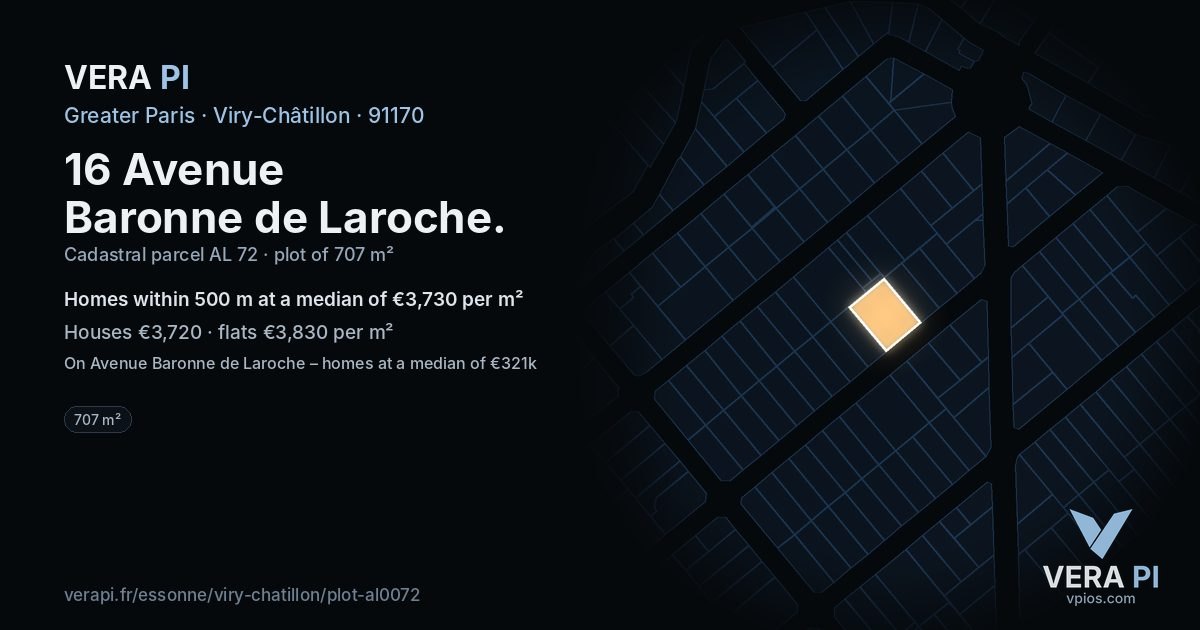 16 Avenue Baronne de Laroche, Viry-Châtillon at night – the plot lit, the parcels around coloured by the prices near them
