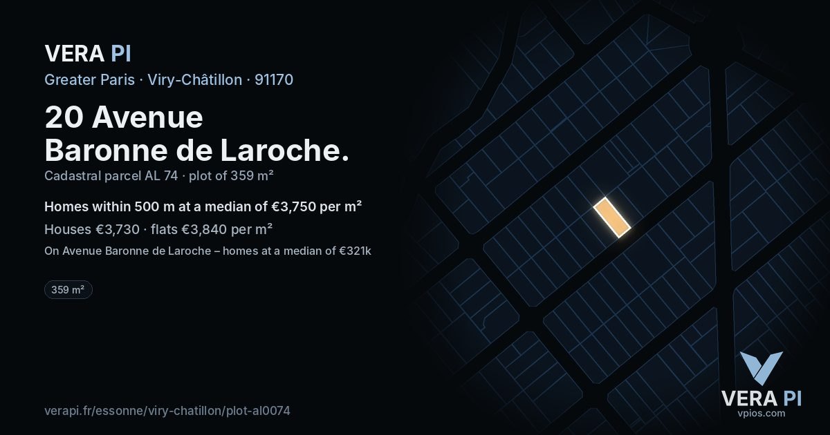 20 Avenue Baronne de Laroche, Viry-Châtillon at night – the plot lit, the parcels around coloured by the prices near them