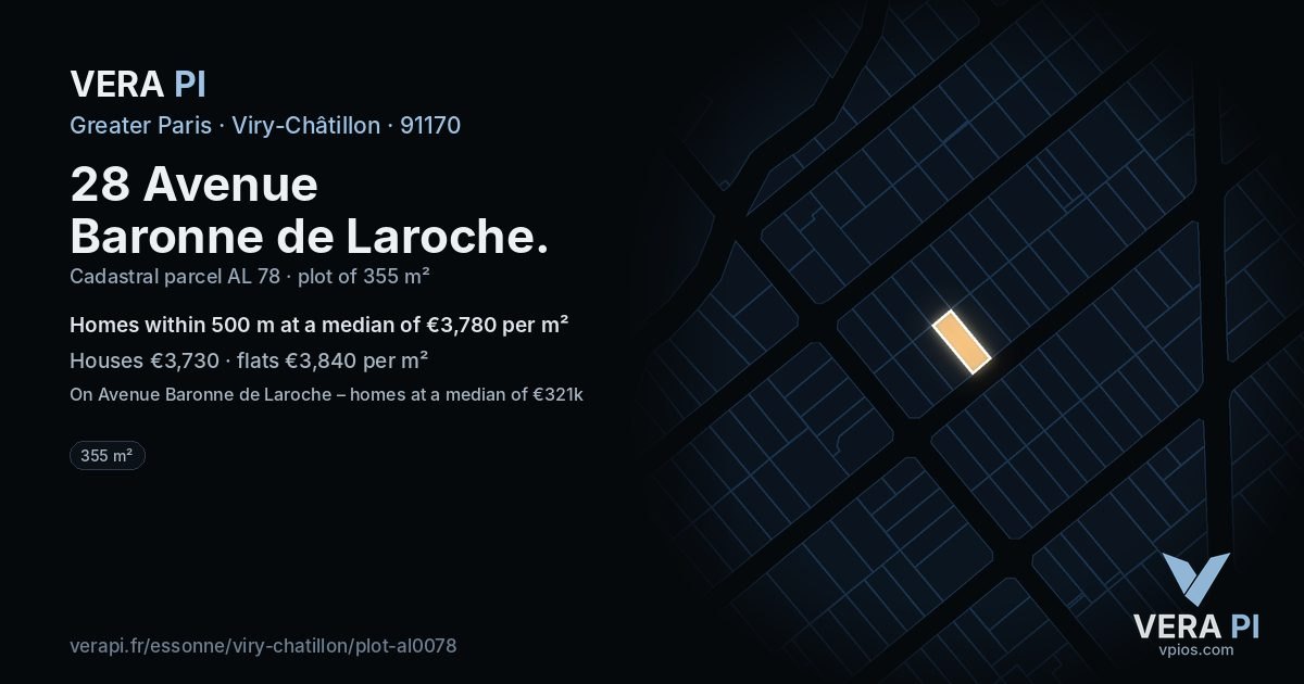 28 Avenue Baronne de Laroche, Viry-Châtillon at night – the plot lit, the parcels around coloured by the prices near them