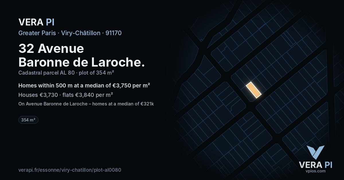 32 Avenue Baronne de Laroche, Viry-Châtillon at night – the plot lit, the parcels around coloured by the prices near them