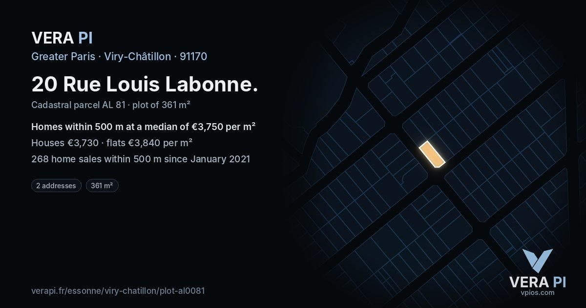 20 Rue Louis Labonne, Viry-Châtillon at night – the plot lit, the parcels around coloured by the prices near them