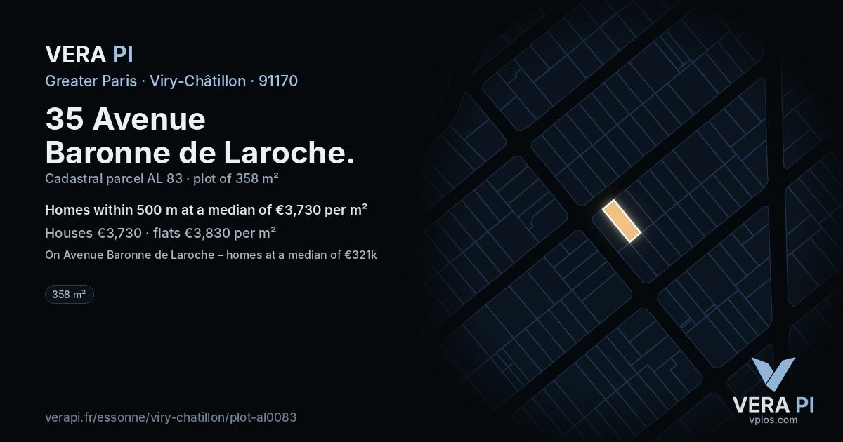 35 Avenue Baronne de Laroche, Viry-Châtillon at night – the plot lit, the parcels around coloured by the prices near them