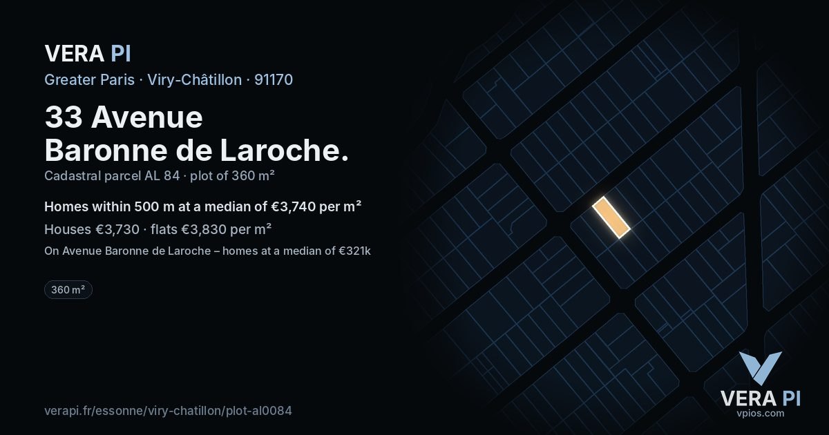 33 Avenue Baronne de Laroche, Viry-Châtillon at night – the plot lit, the parcels around coloured by the prices near them