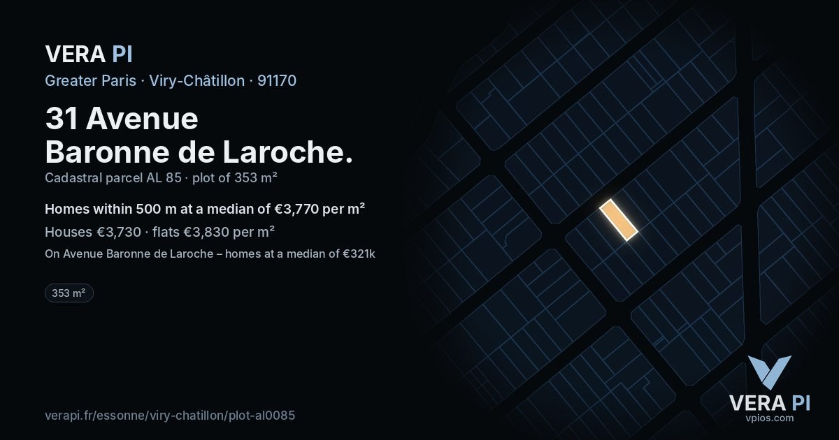 31 Avenue Baronne de Laroche, Viry-Châtillon at night – the plot lit, the parcels around coloured by the prices near them