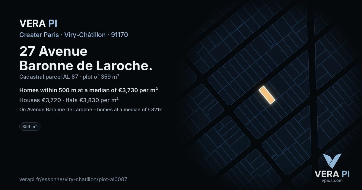 27 Avenue Baronne de Laroche, Viry-Châtillon at night – the plot lit, the parcels around coloured by the prices near them