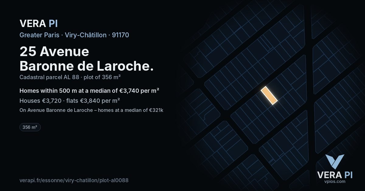 25 Avenue Baronne de Laroche, Viry-Châtillon at night – the plot lit, the parcels around coloured by the prices near them