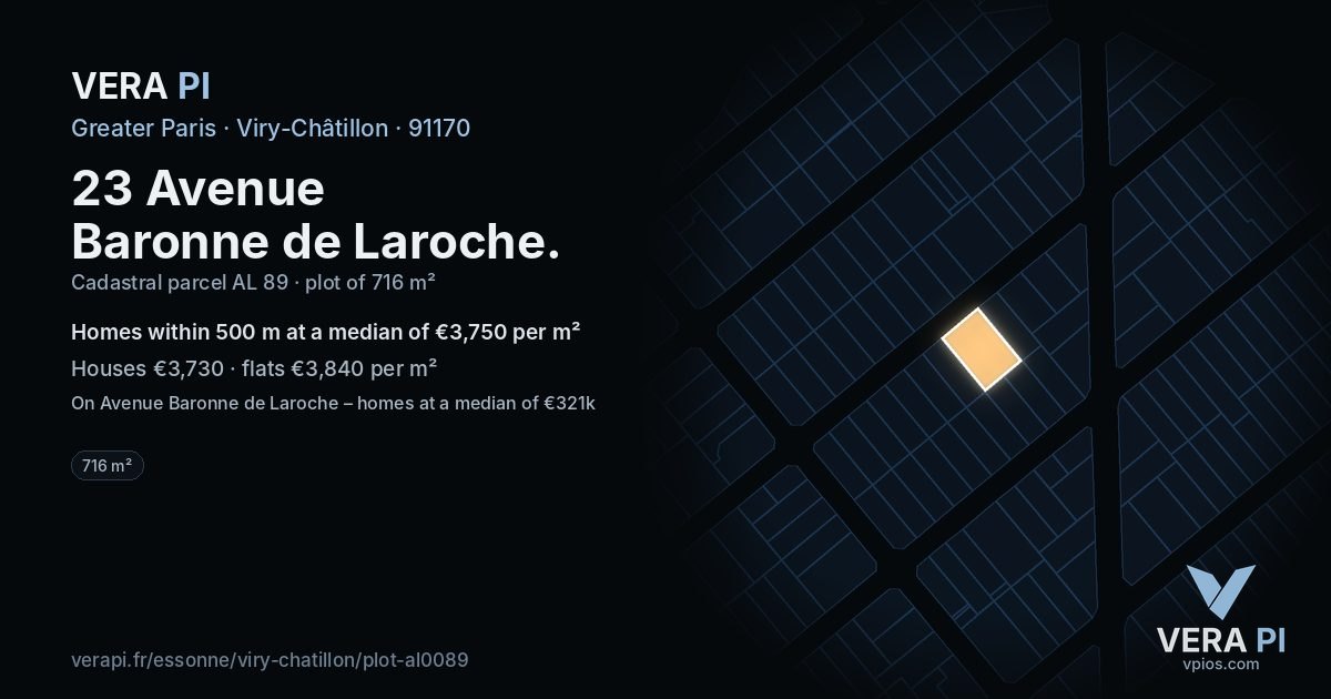 23 Avenue Baronne de Laroche, Viry-Châtillon at night – the plot lit, the parcels around coloured by the prices near them