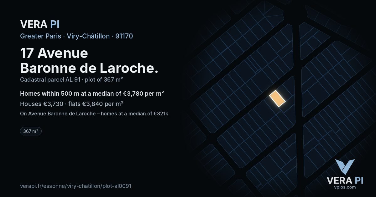 17 Avenue Baronne de Laroche, Viry-Châtillon at night – the plot lit, the parcels around coloured by the prices near them