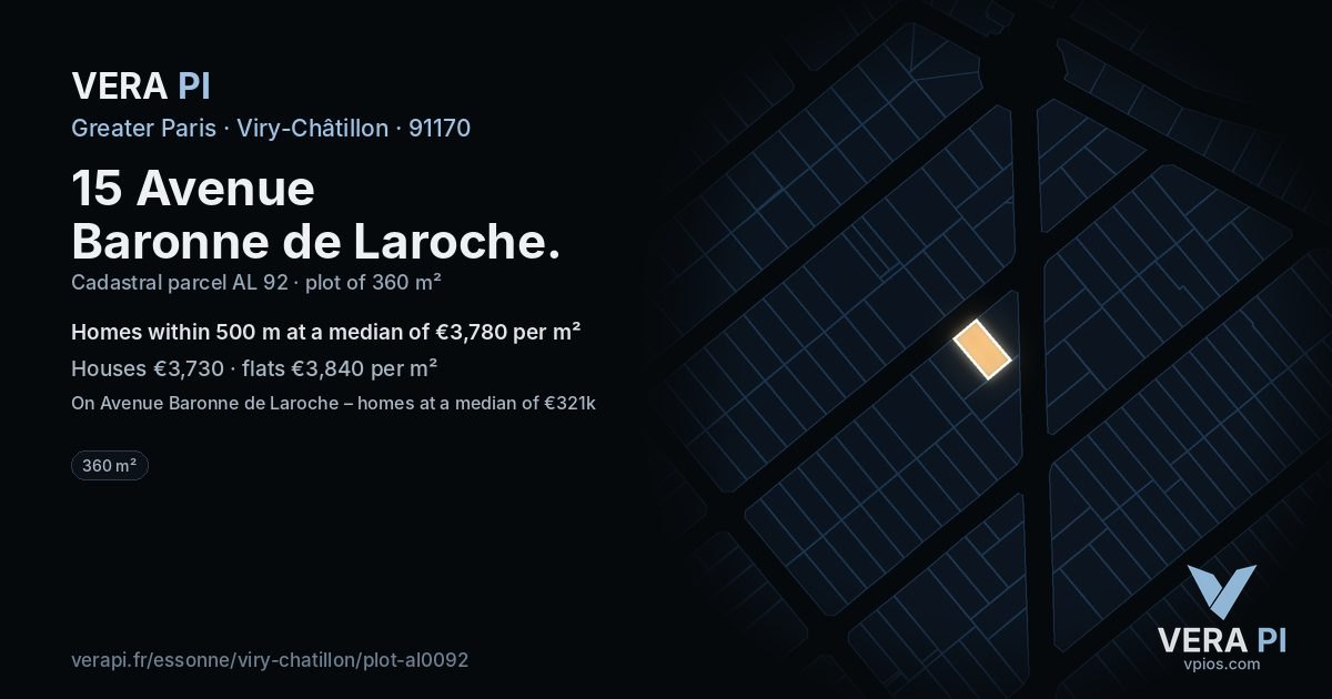 15 Avenue Baronne de Laroche, Viry-Châtillon at night – the plot lit, the parcels around coloured by the prices near them