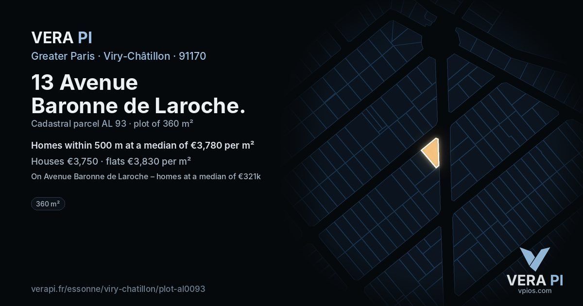 13 Avenue Baronne de Laroche, Viry-Châtillon at night – the plot lit, the parcels around coloured by the prices near them