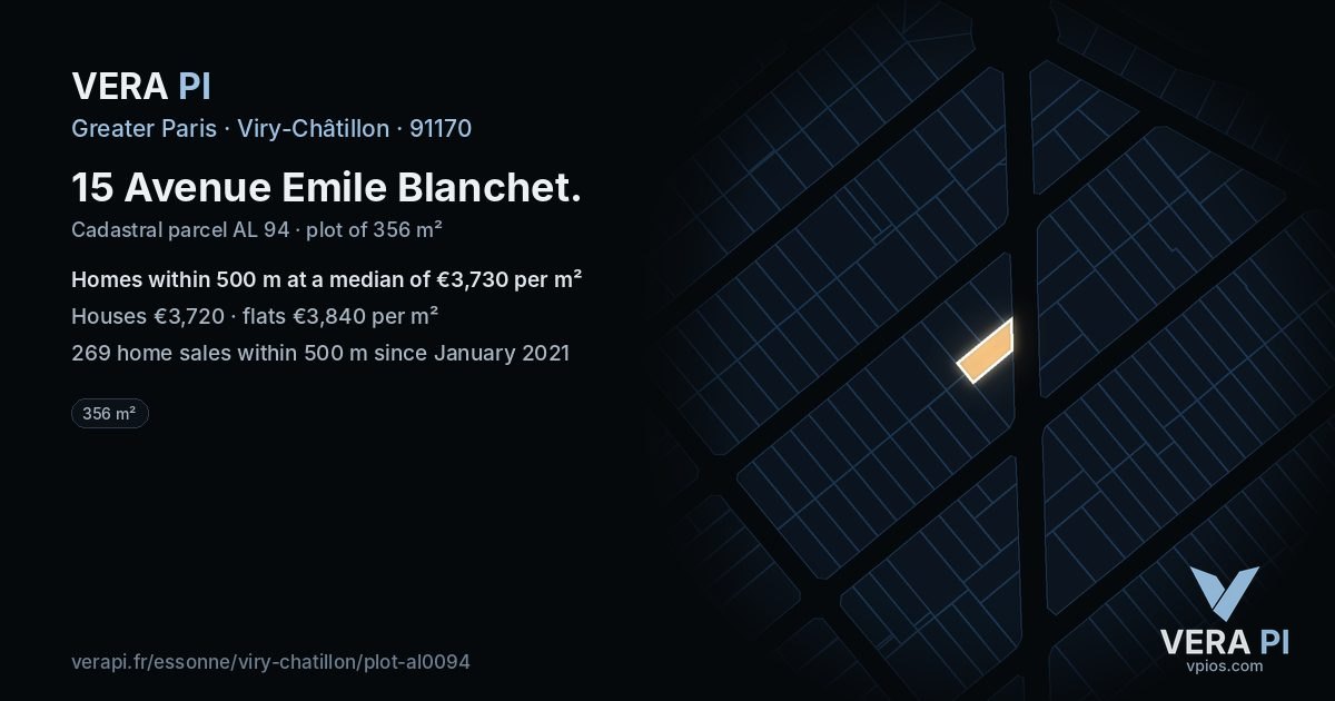 15 Avenue Emile Blanchet, Viry-Châtillon at night – the plot lit, the parcels around coloured by the prices near them
