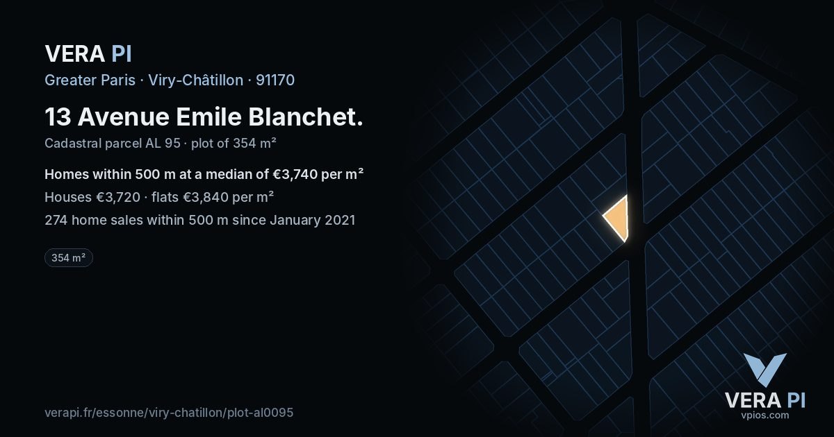 13 Avenue Emile Blanchet, Viry-Châtillon at night – the plot lit, the parcels around coloured by the prices near them